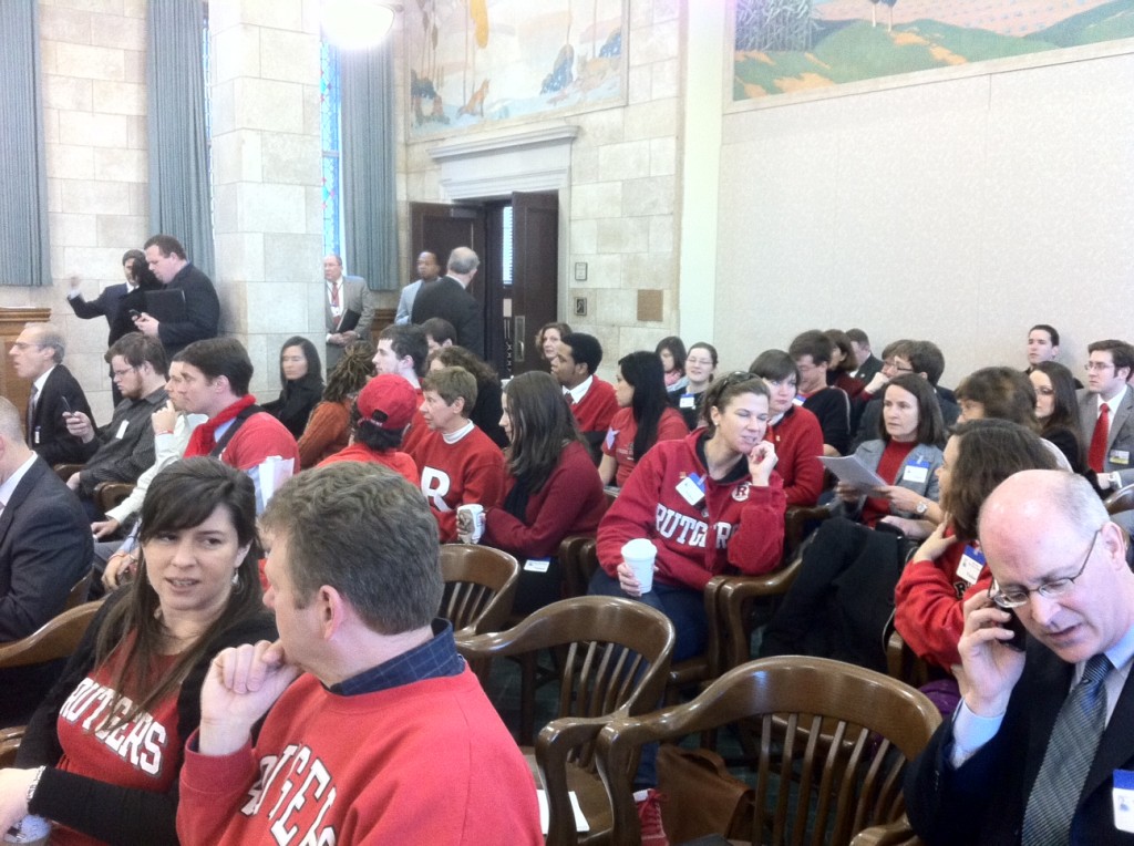 Rutgers students attend a legislative committee hearing in February 2012.