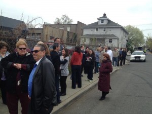 A line forming outside of Governor Christie spring 2013 Bergenfield town hall. 