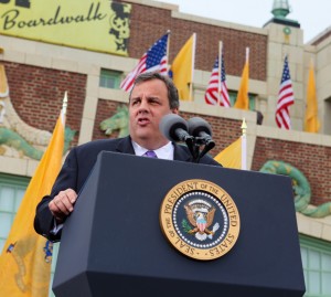 Governor Chris Christie speaks before President Barack Obama on the boardwalk in Asbury Park, N.J. on Tuesday, May 28, 2013.