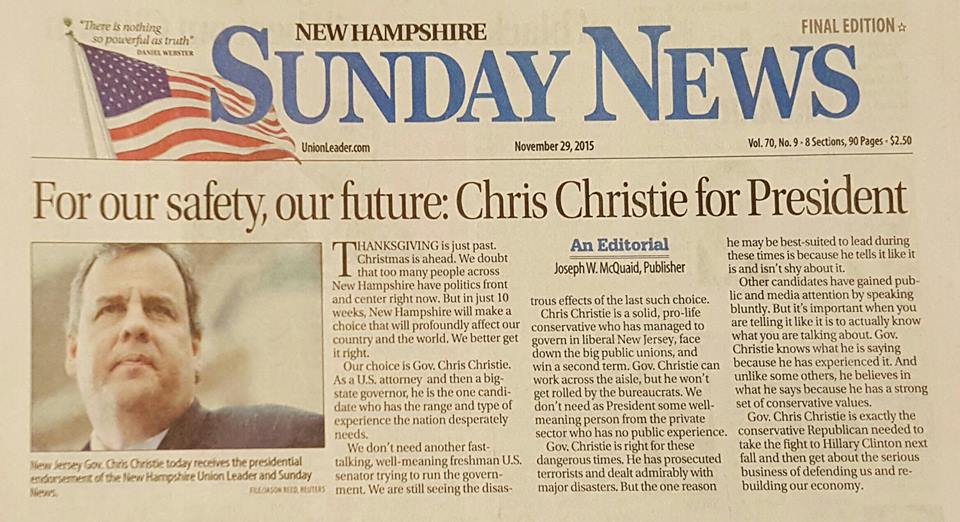 New Hampshire Union Leader endorses Christie